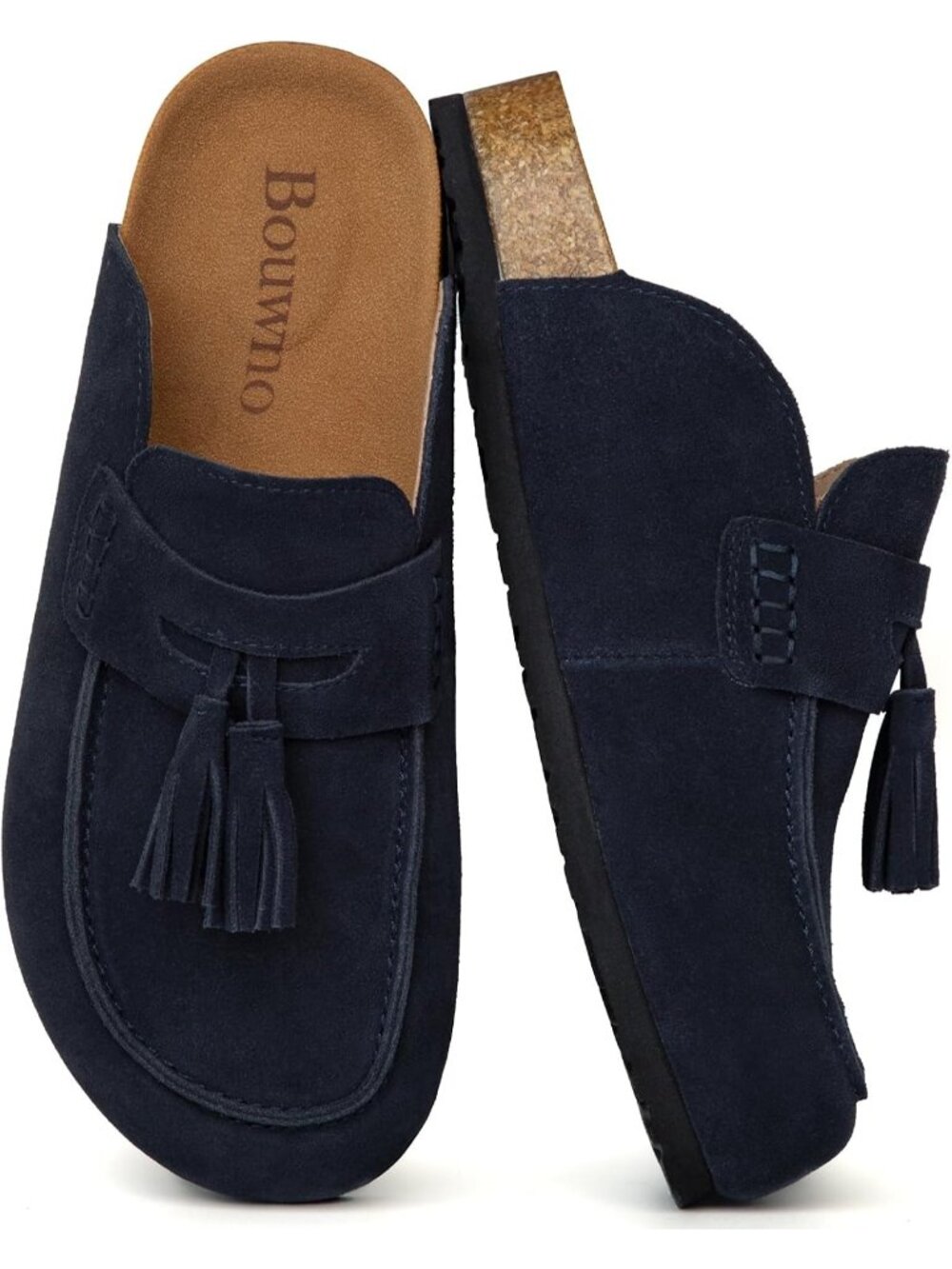 🆕Women's Navy Suede Clogs Leather Mules with Tassel Fringe Comfort Cork